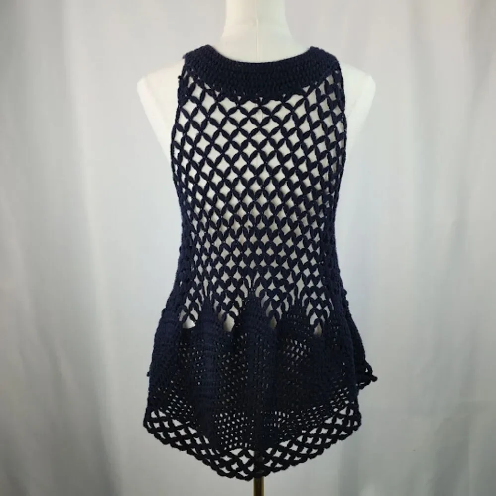 Free People Women's Navy Boho Crochet Knit Cardigan Vest Size XS